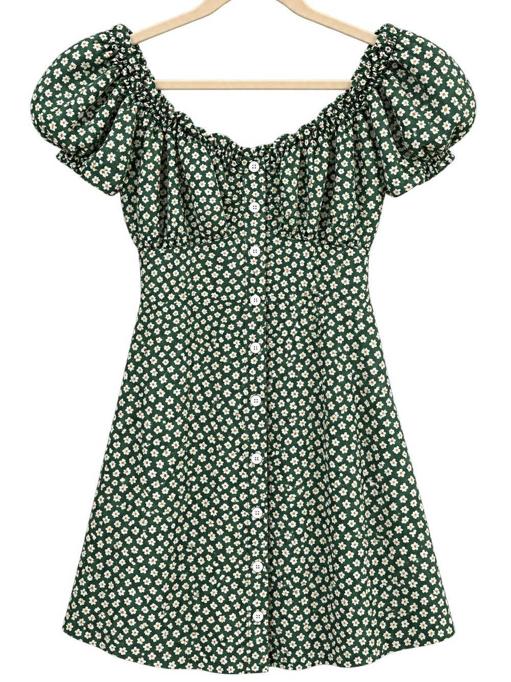 Mini Dress Green Floral Puff-Sleeve Button-Front Dress